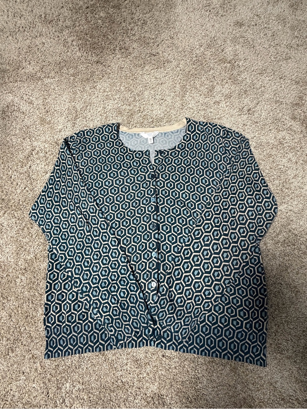 Time and Tru Teal & Cream Geometric Button Cardigan
